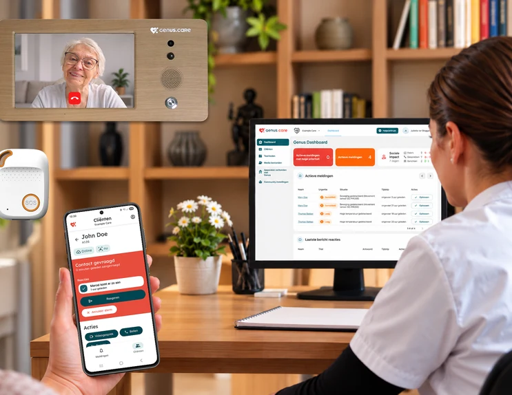 Genus-scherm, alarmknop, telefoon en portal voor zorgorganisaties