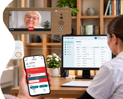 Genus-scherm, alarmknop, telefoon en portal voor zorgorganisaties