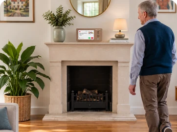 Cliënt loopt langs het Genus-scherm in de woonkamer